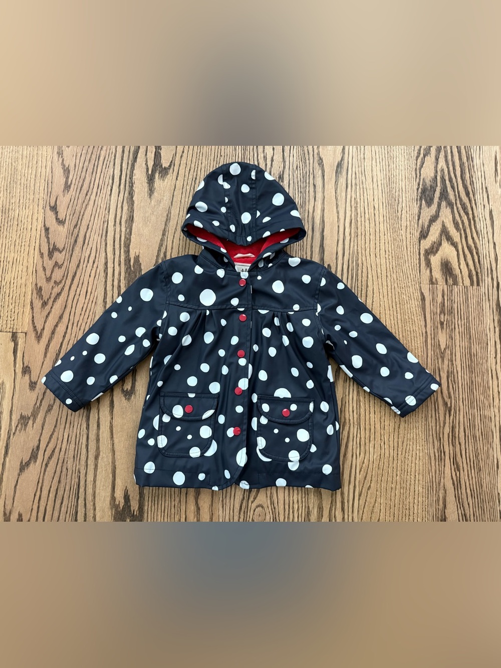 Hatley Navy Polka Dot Raincoat with Red Trim